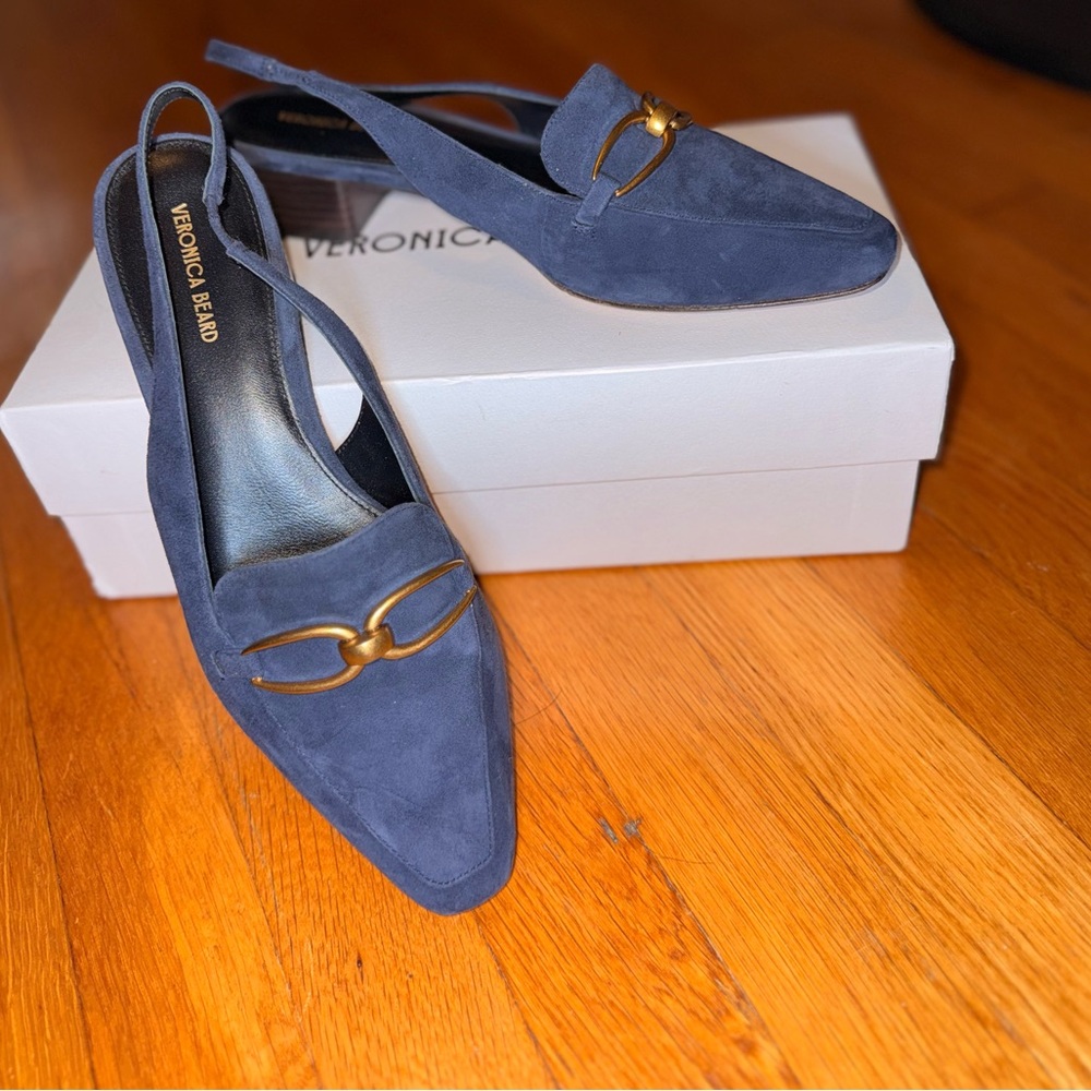 VERONICA BEARD Casie Slingback Pump in Navy Blue Suede with a Gold-Tone Buckle - Picture 11 of 13
